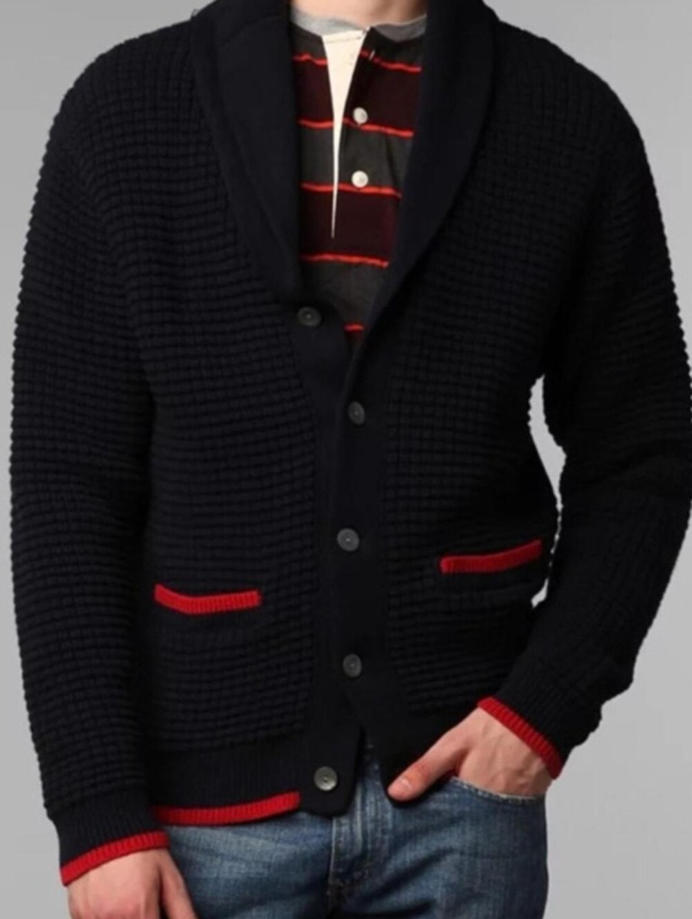 Shawl Collar Knit Cardigan - Blue with Red Trim S